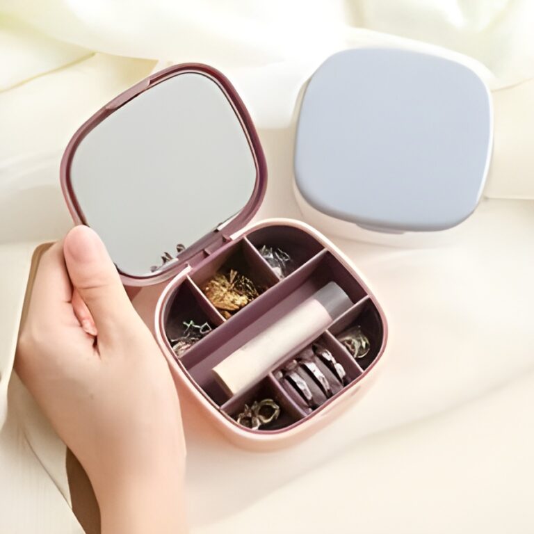 Mini Portable Travel Jewelry & Makeup Organizer Box with Mirror – Compact Storage Case for Earrings, Rings, Cosmetics | Miyari.pk