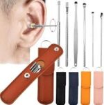 7-in-1 Ear Wax Removal Tool Kit with Leather Pouch – Stainless Steel Ear Cleaner Set with Spring Curette & Spiral Tips