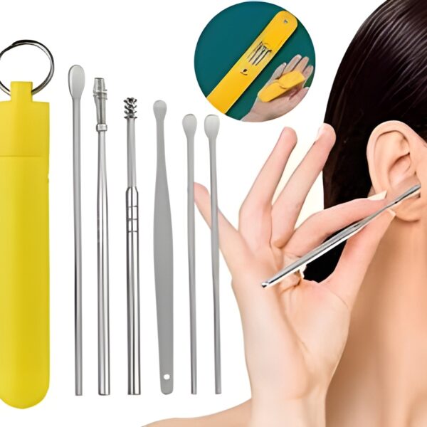 7-in-1 Ear Wax Removal Tool Kit with Leather Pouch – Stainless Steel Ear Cleaner Set with Spring Curette & Spiral Tips